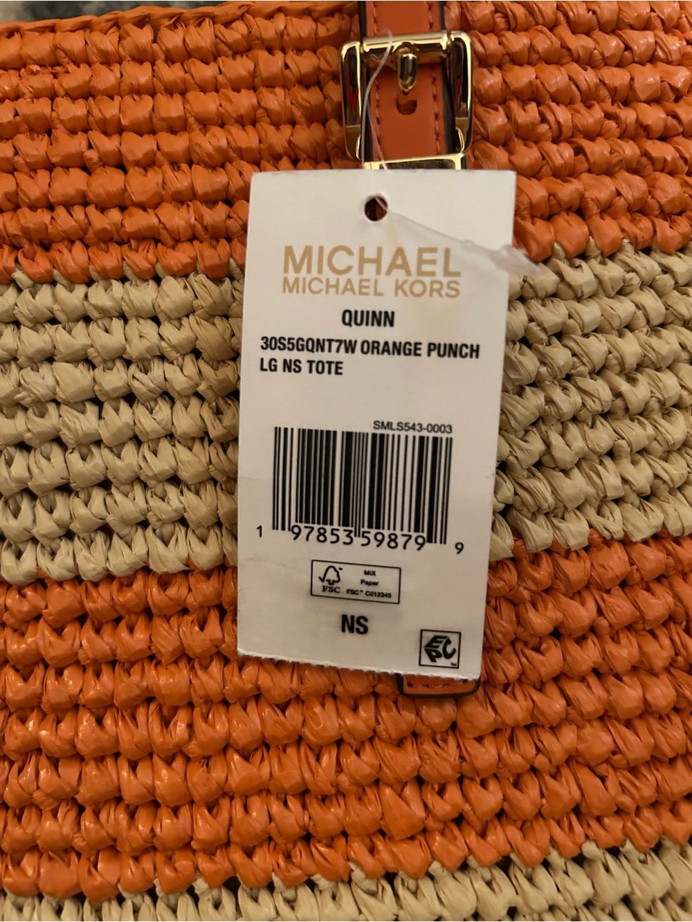 Michael Kors Orange and Cream Striped Straw Tote with Leather Straps - Picture 4 of 4